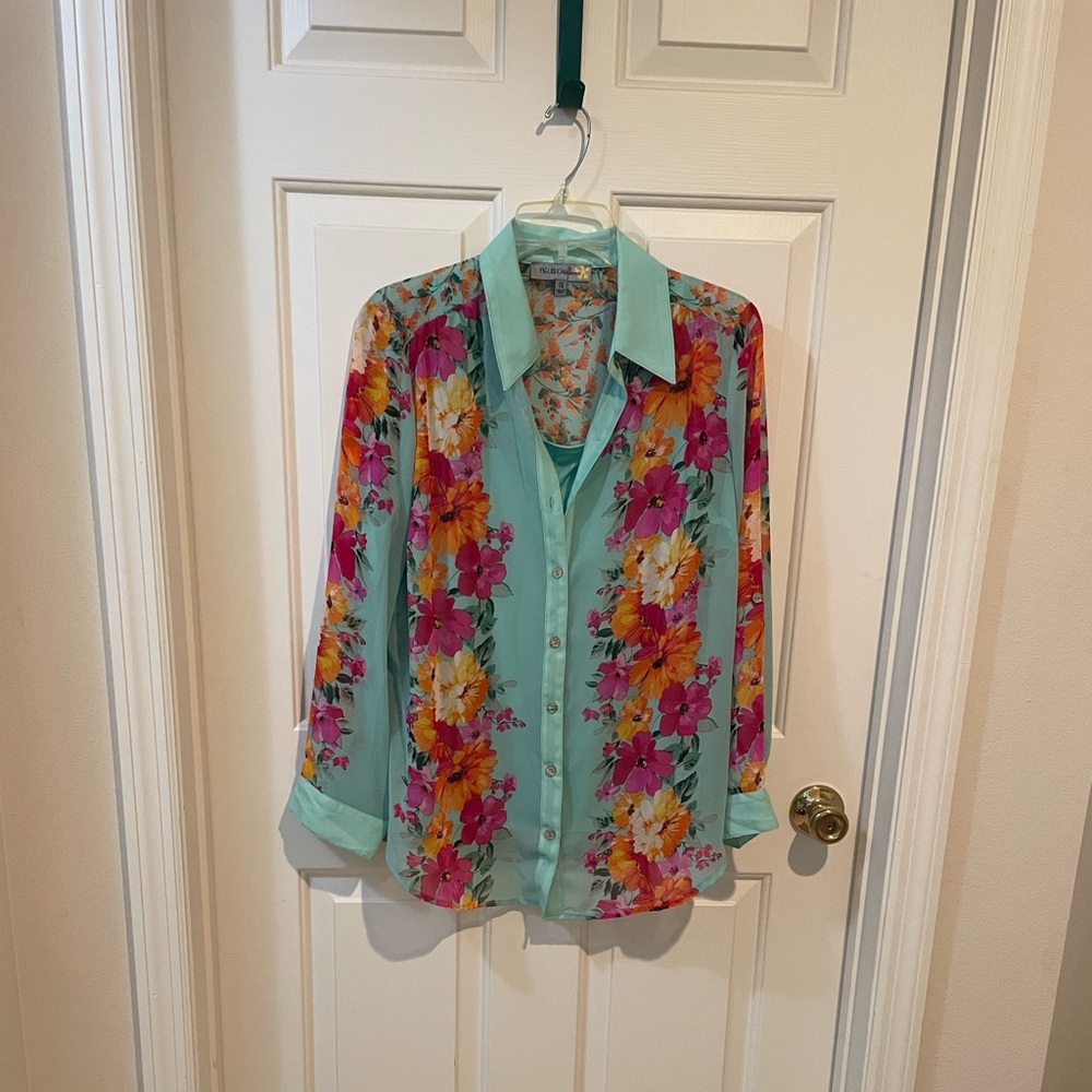 Vibrant Floral Blouse - Aqua and Fuchsia